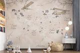 Tapet Personalizat Micii Exploratori cu harta lumii in vegetatie in nuante de alb si bej - AUTUMN TREES MAP