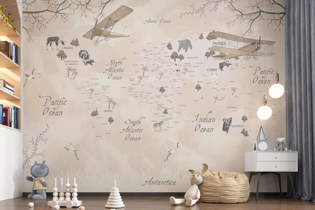 Tapet Personalizat Micii Exploratori cu harta lumii in vegetatie in nuante de alb si bej - AUTUMN TREES MAP