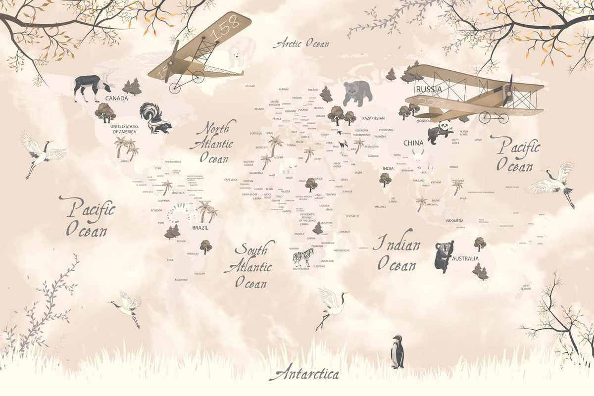 Tapet Personalizat Micii Exploratori cu harta lumii in vegetatie in nuante de alb si bej - AUTUMN TREES MAP