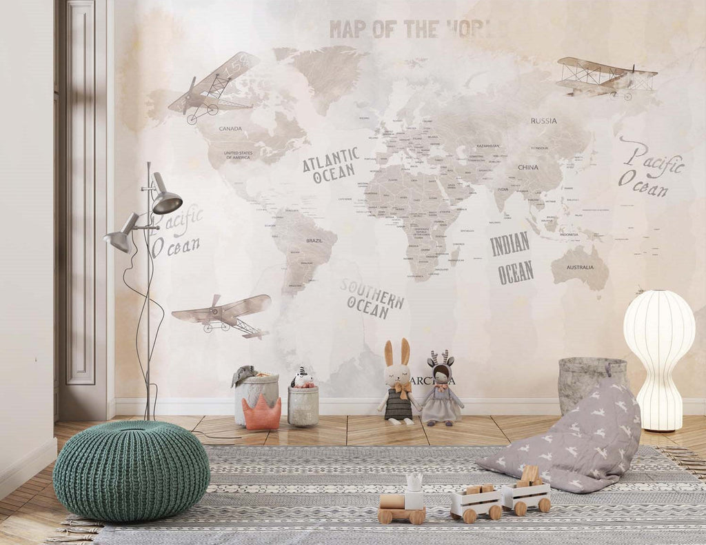 Tapet Personalizat Micii Exploratori cu harta lumii cu textura stearsa in nuante de bej - WASHED WATERCOLOR MAP