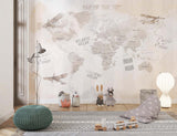 Tapet Personalizat Micii Exploratori cu harta lumii cu textura stearsa in nuante de bej - WASHED WATERCOLOR MAP