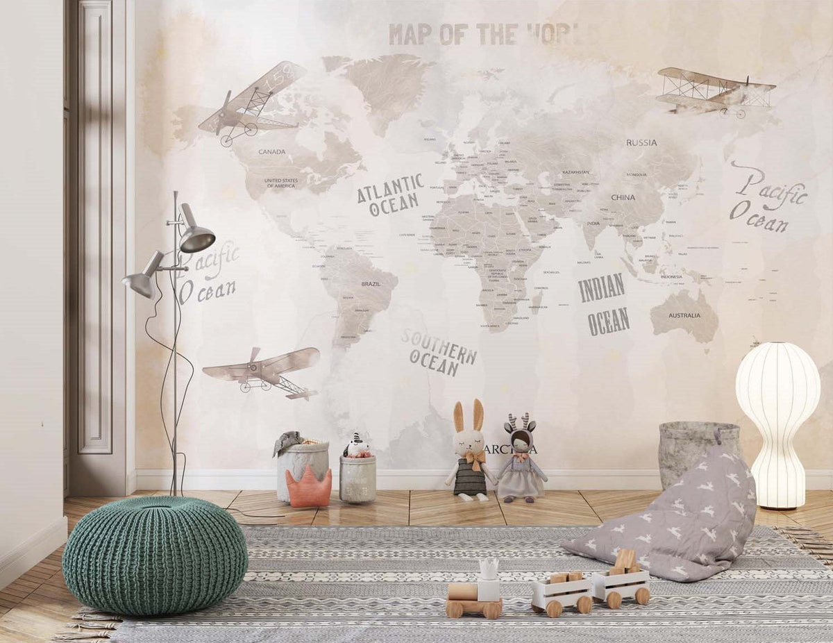 Tapet Personalizat Micii Exploratori cu harta lumii cu textura stearsa in nuante de bej - WASHED WATERCOLOR MAP