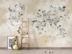 Tapet Personalizat Micii Exploratori cu harta lumii cu animale si vegetatie, continente gri si fundal bej - PATCHY BEIGE MAP