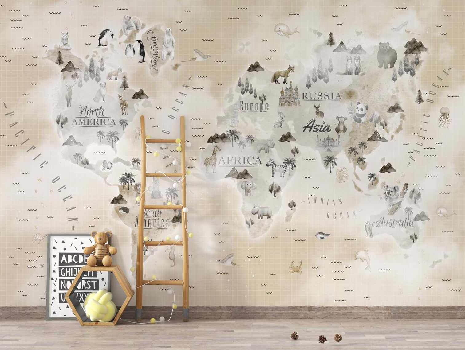 Tapet Personalizat Micii Exploratori cu harta lumii cu animale si vegetatie, continente gri si fundal bej - PATCHY BEIGE MAP