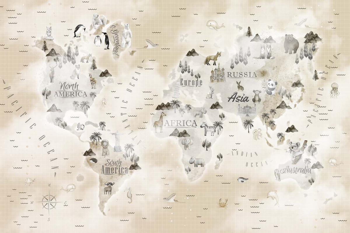 Tapet Personalizat Micii Exploratori cu harta lumii cu animale si vegetatie, continente gri si fundal bej - PATCHY BEIGE MAP
