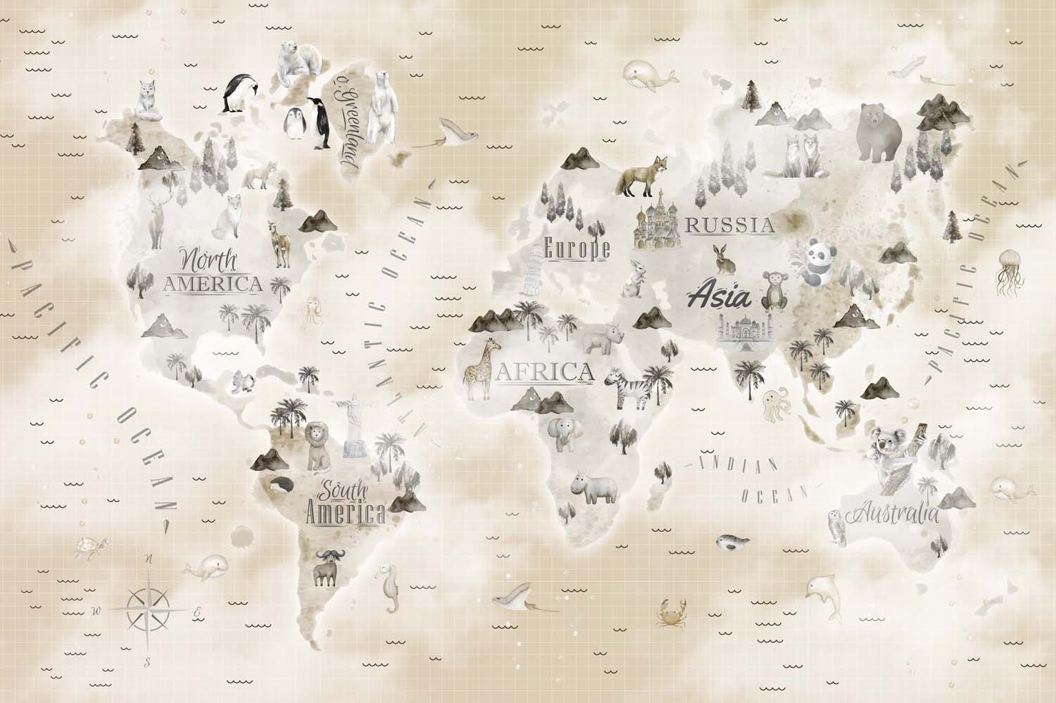Tapet Personalizat Micii Exploratori cu harta lumii cu animale si vegetatie, continente gri si fundal bej - PATCHY BEIGE MAP