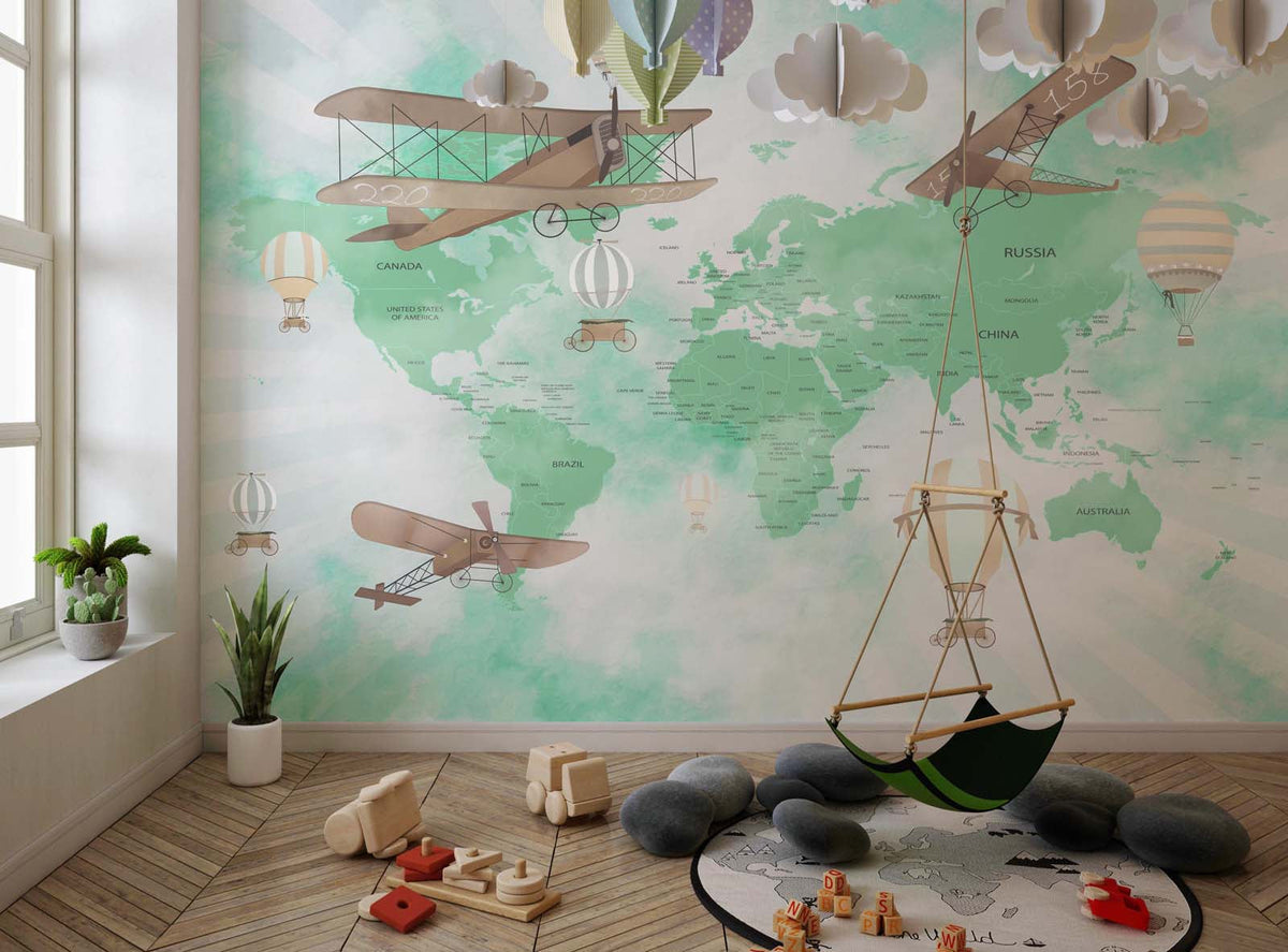 Tapet Personalizat Micii Exploratori cu harta lumii avioane si baloane cu aer cald intr-un fundal verde - VIBRANT GREEN MAP