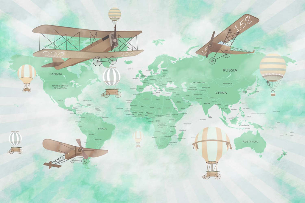 Tapet Personalizat Micii Exploratori cu harta lumii avioane si baloane cu aer cald intr-un fundal verde - VIBRANT GREEN MAP