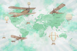 Tapet Personalizat Micii Exploratori cu harta lumii avioane si baloane cu aer cald intr-un fundal verde - VIBRANT GREEN MAP