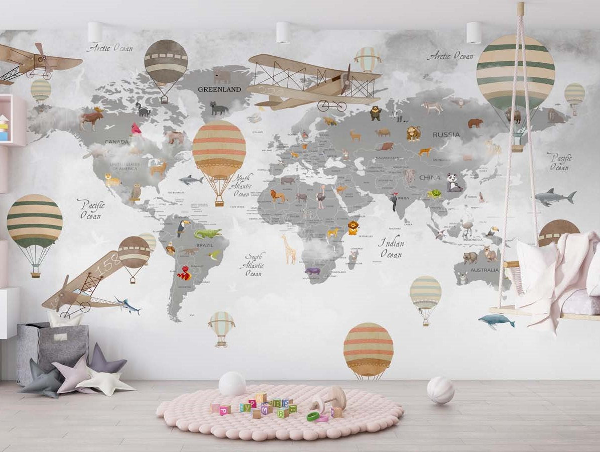 Tapet Personalizat Micii Exploratori cu harta lumii in nuante de gri cu baloane cu aer cald vintage - VINTAGE BALLOONS MAP