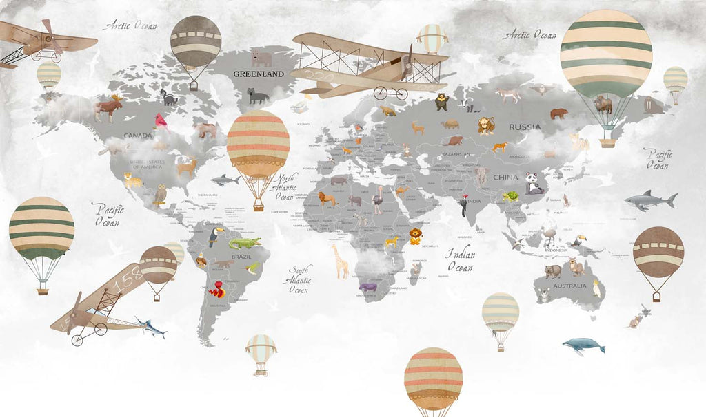 Tapet Personalizat Micii Exploratori cu harta lumii in nuante de gri cu baloane cu aer cald vintage - VINTAGE BALLOONS MAP