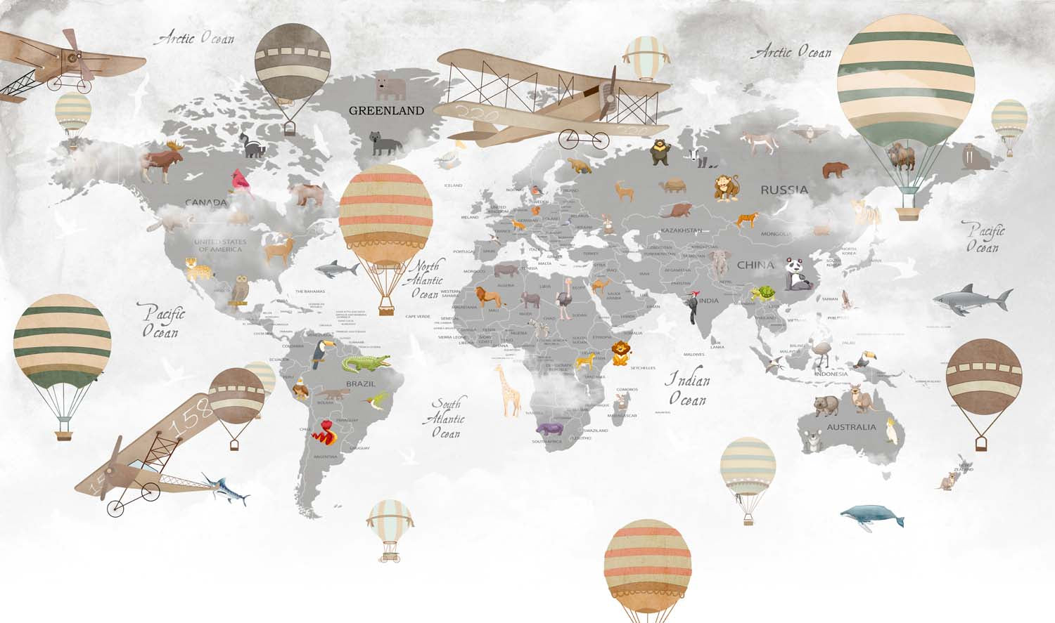 Tapet Personalizat Micii Exploratori cu harta lumii in nuante de gri cu baloane cu aer cald vintage - VINTAGE BALLOONS MAP