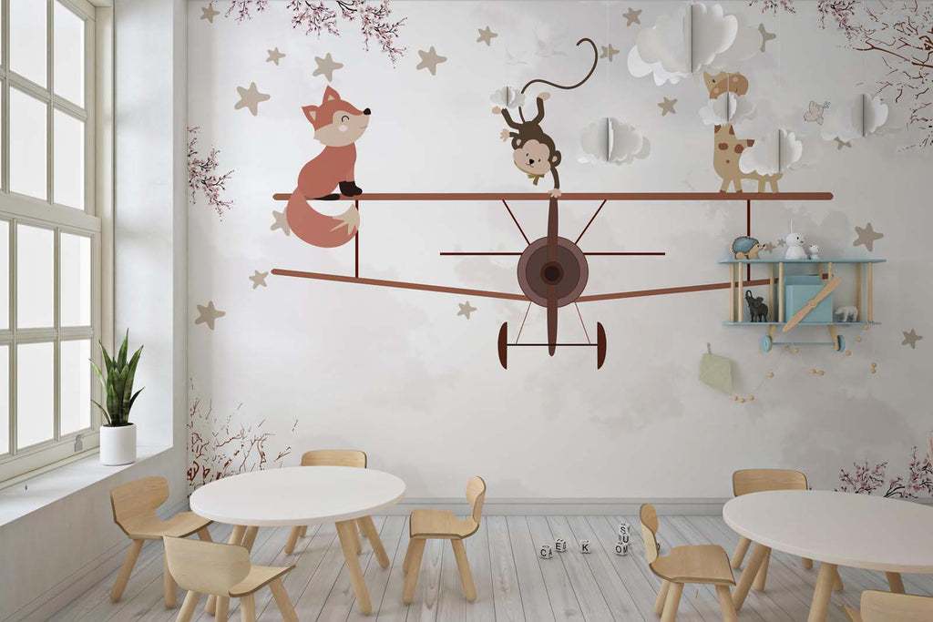 Tapet Personalizat Micii Exploratori cu animale pe avion biplan si cer instelat - STARRY BIPLANE