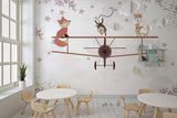 Tapet Personalizat Micii Exploratori cu animale pe avion biplan si cer instelat - STARRY BIPLANE