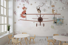 Tapet Personalizat Micii Exploratori cu animale pe avion biplan si cer instelat - STARRY BIPLANE