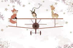 Tapet Personalizat Micii Exploratori cu animale pe avion biplan si cer instelat - STARRY BIPLANE