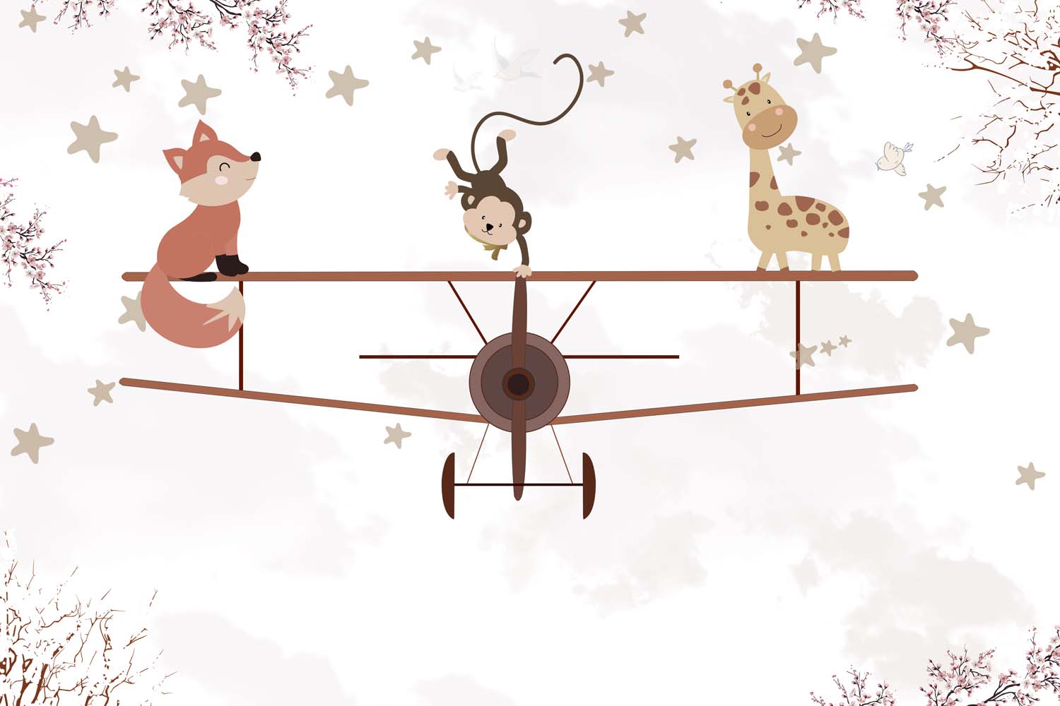 Tapet Personalizat Micii Exploratori cu animale pe avion biplan si cer instelat - STARRY BIPLANE