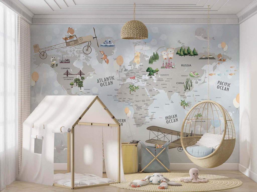 Tapet Personalizat Micii Exploratori cu harta lumii cu vegetatie si avioane pe un fundal albastru deschis - SPARKLE BALLOON MAP