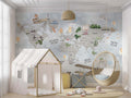 Tapet Personalizat Micii Exploratori cu harta lumii cu vegetatie si avioane pe un fundal albastru deschis - SPARKLE BALLOON MAP