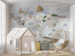 Tapet Personalizat Micii Exploratori cu harta lumii cu vegetatie si avioane pe un fundal albastru deschis - SPARKLE BALLOON MAP