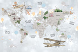 Tapet Personalizat Micii Exploratori cu harta lumii cu vegetatie si avioane pe un fundal albastru deschis - SPARKLE BALLOON MAP