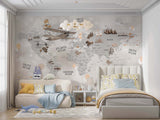 Tapet Personalizat Micii Exploratori cu harta lumii cu vegetatie si avioane pe un fundal gri deschis - SPARKLE GREY MAP
