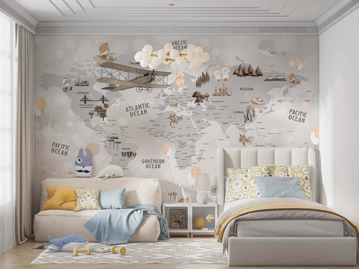 Tapet Personalizat Micii Exploratori cu harta lumii cu vegetatie si avioane pe un fundal gri deschis - SPARKLE GREY MAP