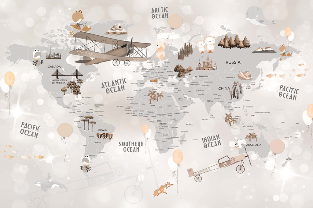 Tapet Personalizat Micii Exploratori cu harta lumii cu vegetatie si avioane pe un fundal gri deschis - SPARKLE GREY MAP