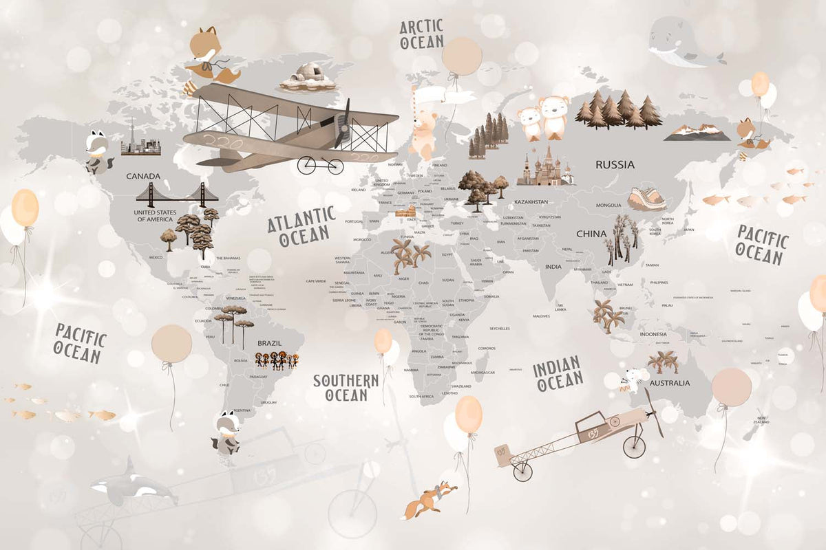 Tapet Personalizat Micii Exploratori cu harta lumii cu vegetatie si avioane pe un fundal gri deschis - SPARKLE GREY MAP