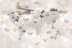 Tapet Personalizat Micii Exploratori cu harta lumii cu vegetatie si avioane pe un fundal gri deschis - SPARKLE GREY MAP