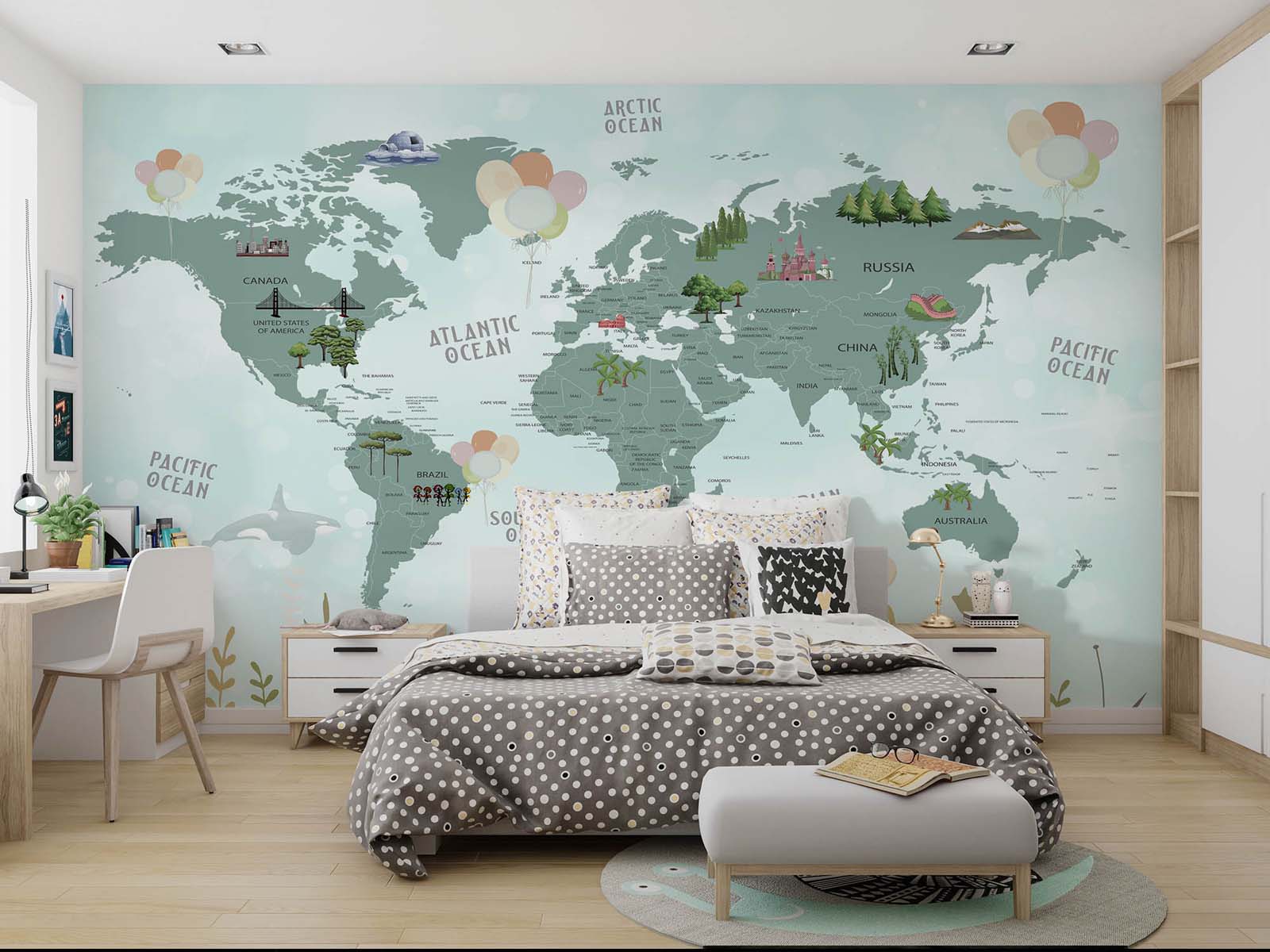 Tapet Personalizat Micii Exploratori cu harta lumii a vegetatiei in nuante de verde - GREEN VEGETATION MAP