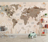 Tapet Personalizat Micii Exploratori cu harta lumii cu corturi de carnaval si baloane in nuante sepia maro - CIRCUS PLANTS MAP