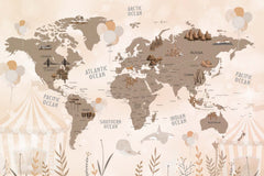 Tapet Personalizat Micii Exploratori cu harta lumii cu corturi de carnaval si baloane in nuante sepia maro - CIRCUS PLANTS MAP