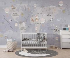 Tapet Personalizat Micii Exploratori cu harta globului pamantesc in nuante de grej albastru - KID'S GREY MAP