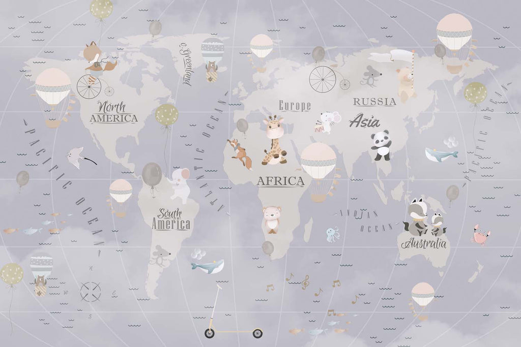 Tapet Personalizat Micii Exploratori cu harta globului pamantesc in nuante de grej albastru - KID'S GREY MAP