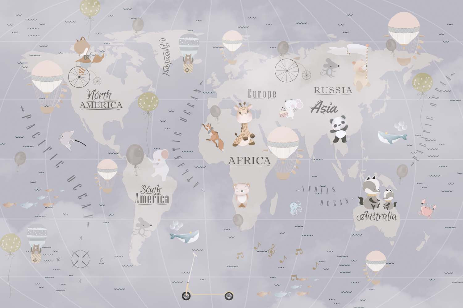 Tapet Personalizat Micii Exploratori cu harta globului pamantesc in nuante de grej albastru - KID'S GREY MAP