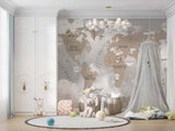 Tapet Personalizat Micii Exploratori cu harta lumii pentru copii cu continente bej si fundal cu nori gri - WARM TONES GLOBE MAP