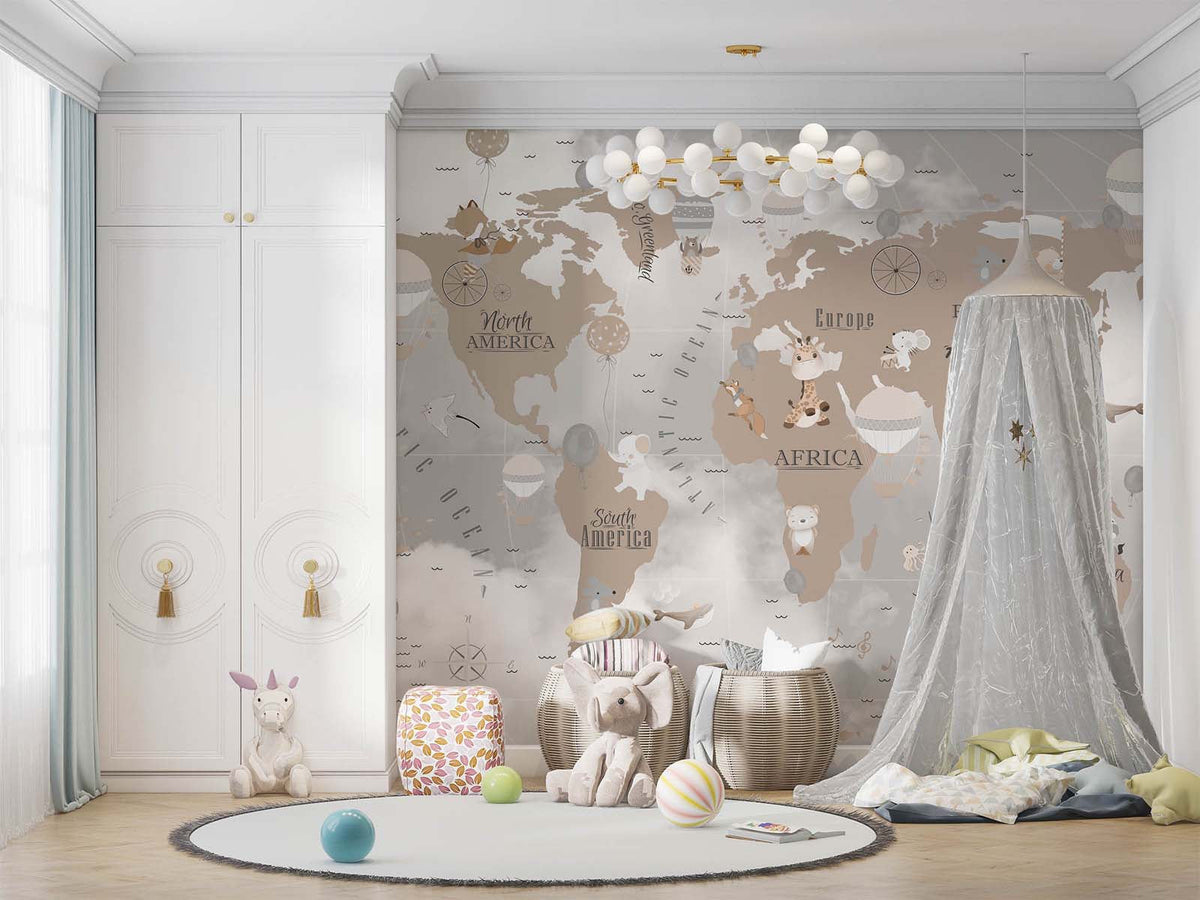 Tapet Personalizat Micii Exploratori cu harta lumii pentru copii cu continente bej si fundal cu nori gri - WARM TONES GLOBE MAP