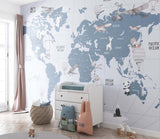 Tapet Personalizat Micii Exploratori cu harta lumii pentru copii in nuante de albastru - LIGHT BLUE MAP