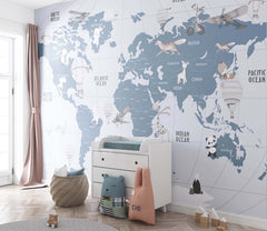 Tapet Personalizat Micii Exploratori cu harta lumii pentru copii in nuante de albastru - LIGHT BLUE MAP