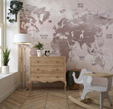 Tapet Personalizat Micii Exploratori cu harta lumii pentru copii cu animale in nuante de maro - CLOUDY BROWN MAP