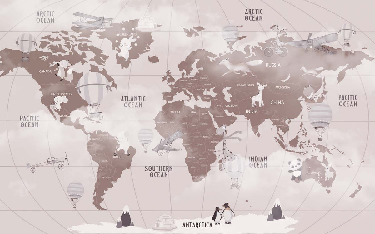 Tapet Personalizat Micii Exploratori cu harta lumii pentru copii cu animale in nuante de maro - CLOUDY BROWN MAP