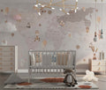 Tapet Personalizat Micii Exploratori cu harta lumii pentru copii detaliata cu animale in nuante de maro - BEIGE ANIMALS WORLD MAP