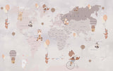 Tapet Personalizat Micii Exploratori cu harta lumii pentru copii detaliata cu animale in nuante de maro - BEIGE ANIMALS WORLD MAP
