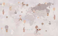 Tapet Personalizat Micii Exploratori cu harta lumii pentru copii detaliata cu animale in nuante de maro - BEIGE ANIMALS WORLD MAP