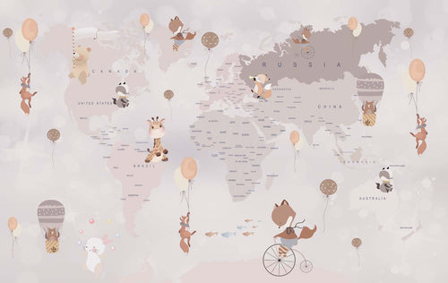 Tapet Personalizat Micii Exploratori cu harta lumii pentru copii detaliata cu animale in nuante de maro - BEIGE ANIMALS WORLD MAP