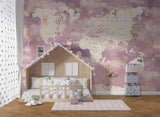 Tapet Personalizat Micii Exploratori cu harta lumii in nuante de roz si mov - PINK CLOUDY MAP