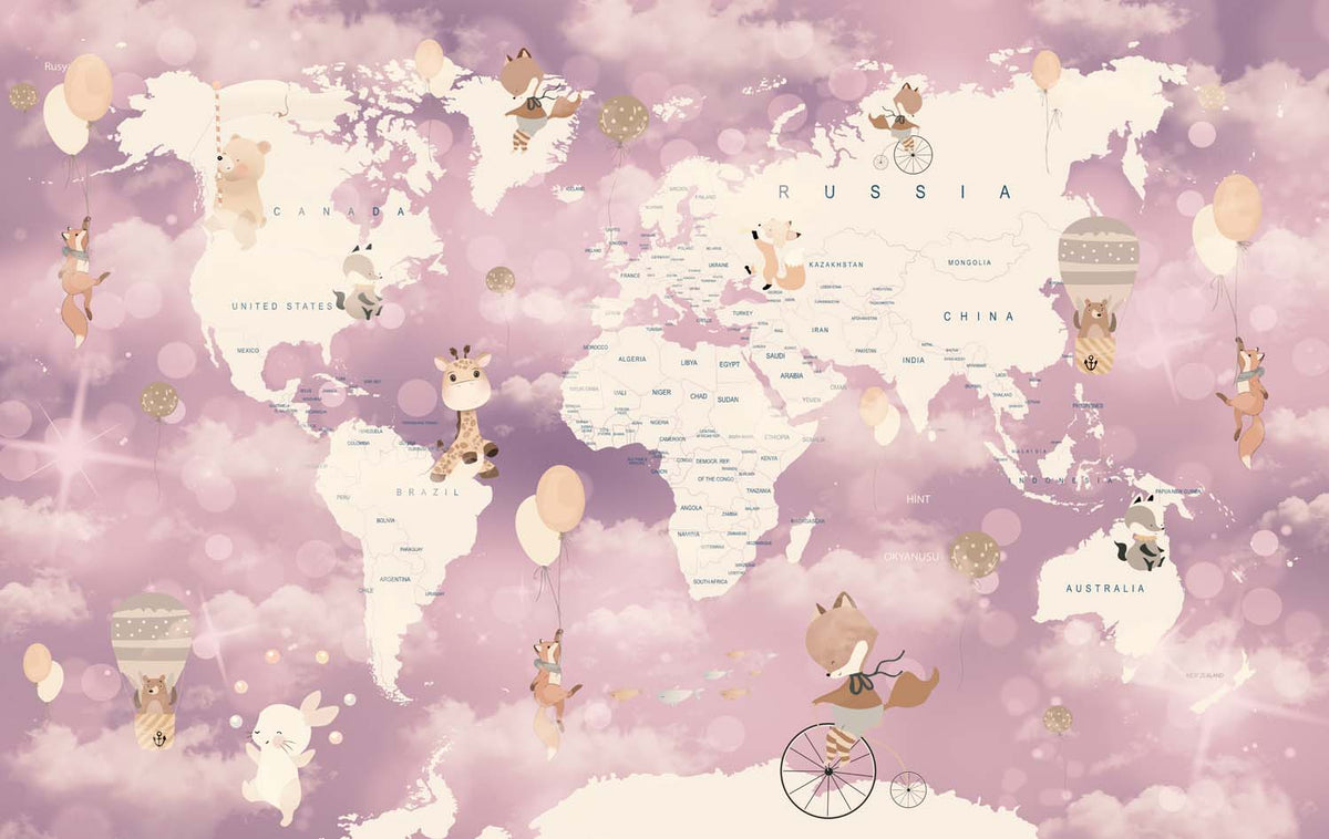 Tapet Personalizat Micii Exploratori cu harta lumii in nuante de roz si mov - PINK CLOUDY MAP