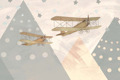 Tapet Personalizat Micii Exploratori cu avioane peste varfuri de munti abstracti texturati - TEXTURED MOUNTAINS BIPLANES
