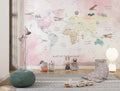 Tapet Personalizat Micii Exploratori cu harta lumii detaliata si elemente de vegetatie pe un fundal roz - DETAILED PINK MAP